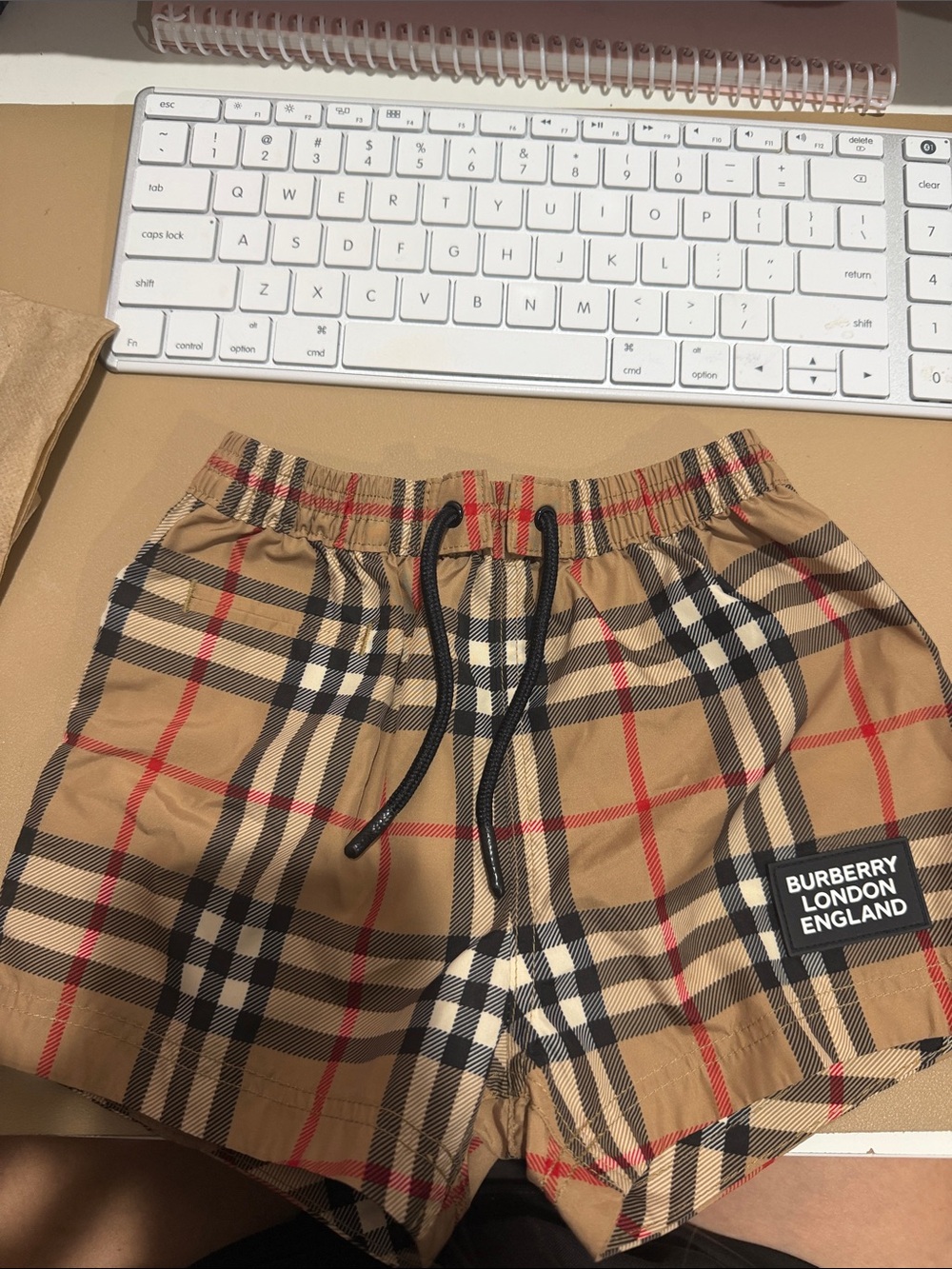 Burberry Tan Plaid Swim Trunks with Black Drawstring